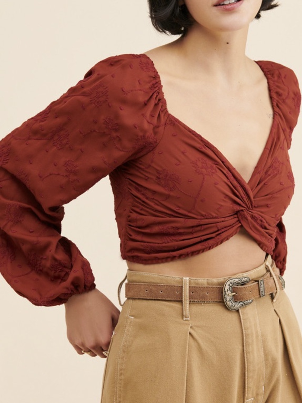 Urban Outfitters Essex Embroidered Twist-Front Top in Red Clay